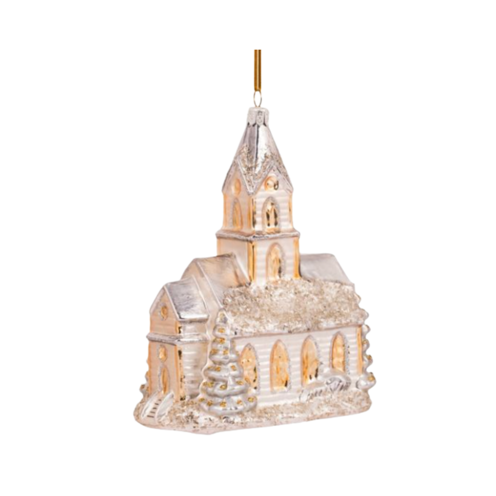 Decorative glass church ornament on a white background