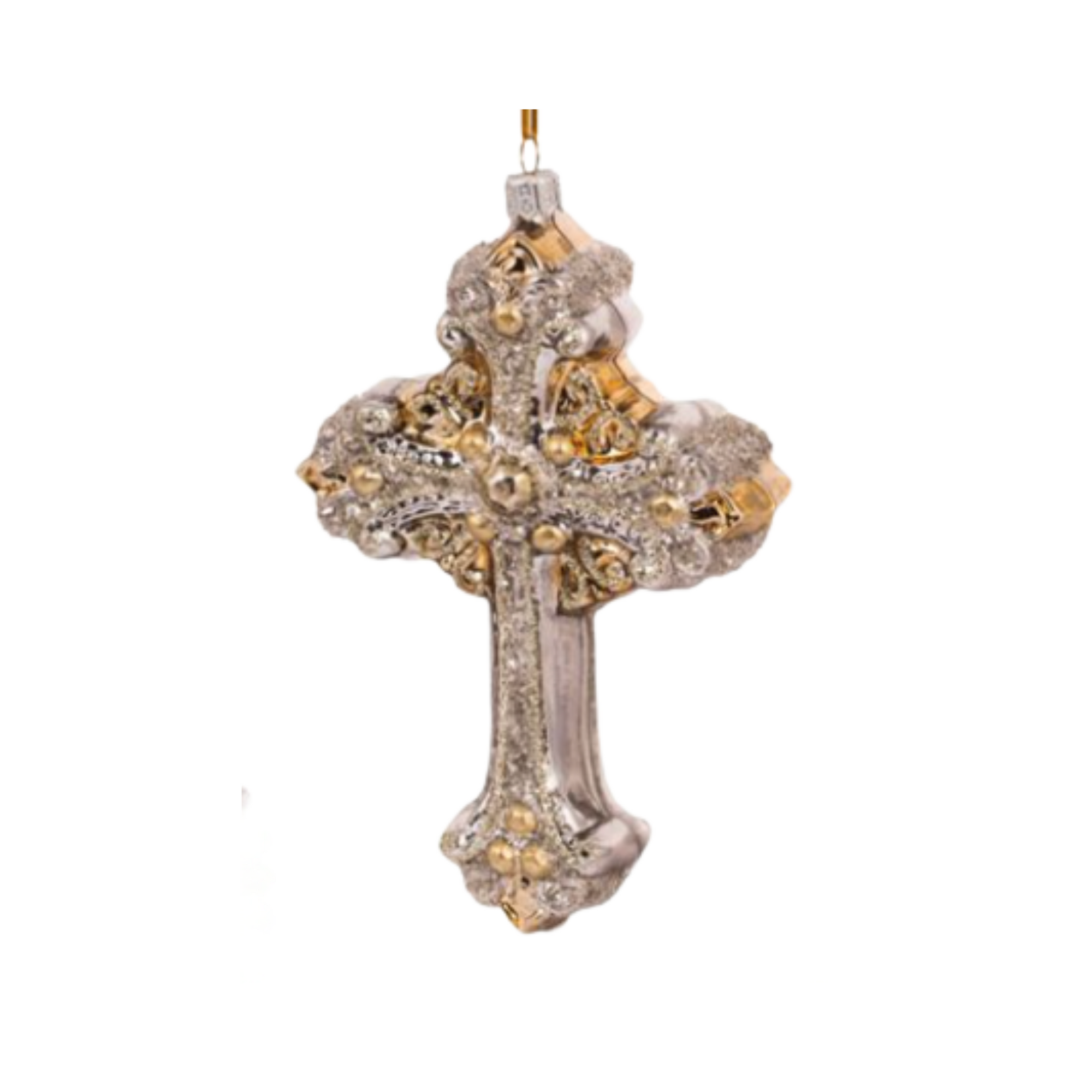 Decorative cross ornament with gold and silver details on a white background