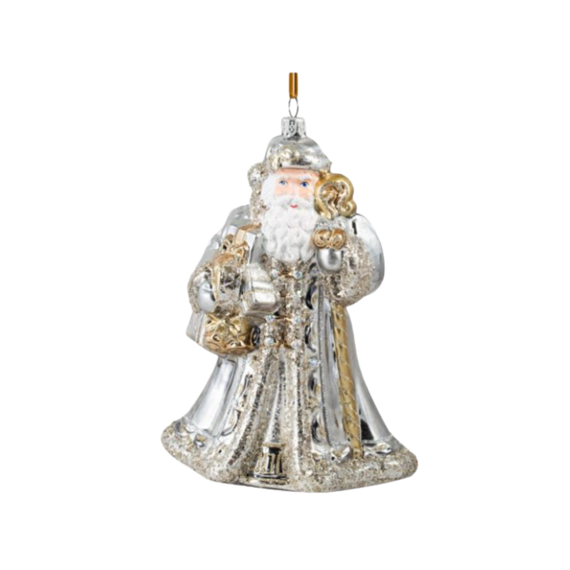 Decorative Santa Claus figure with gold accents on a white background