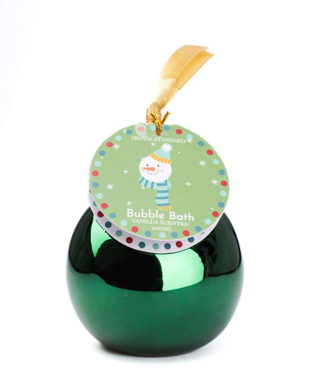 A green reflective spherical bath ornament with a hanging round tag that reads 'Honey Smoother Bubble Bath Vanilla Scented 200ml'. The tag features a cartoon snowman illustration and a gold ribbon is tied at the top.