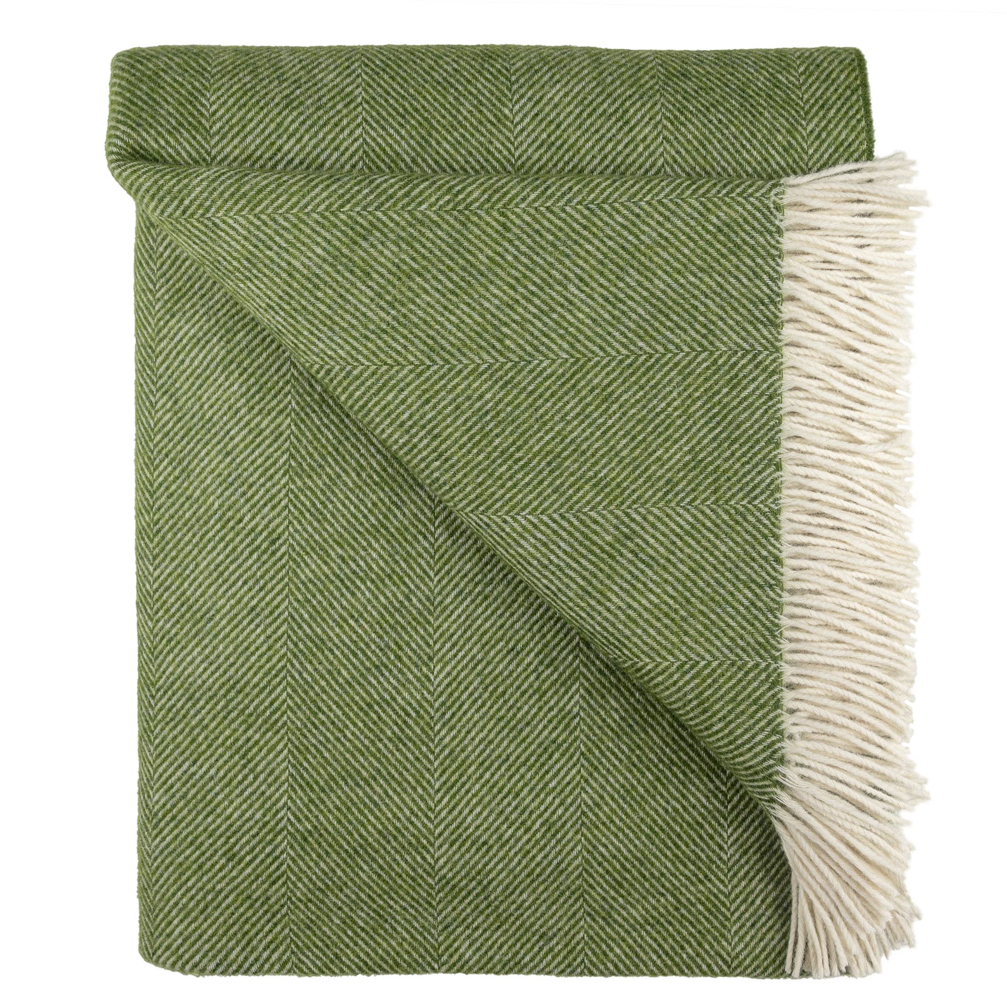 Green woven blanket with white fringe on a white background