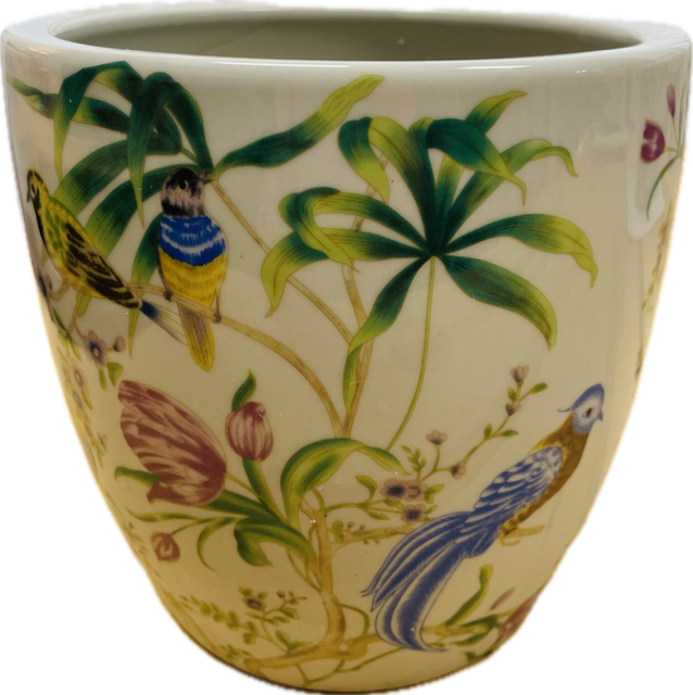 Ceramic planter with bird and plant design on a white background