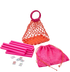 Pink and orange Mahjong set with sticks, dice, and bags on a white background