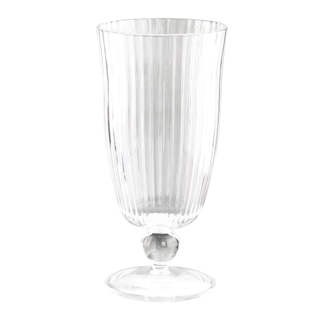 A clear acrylic tall tumbler with vertical ridges and a spherical stem.