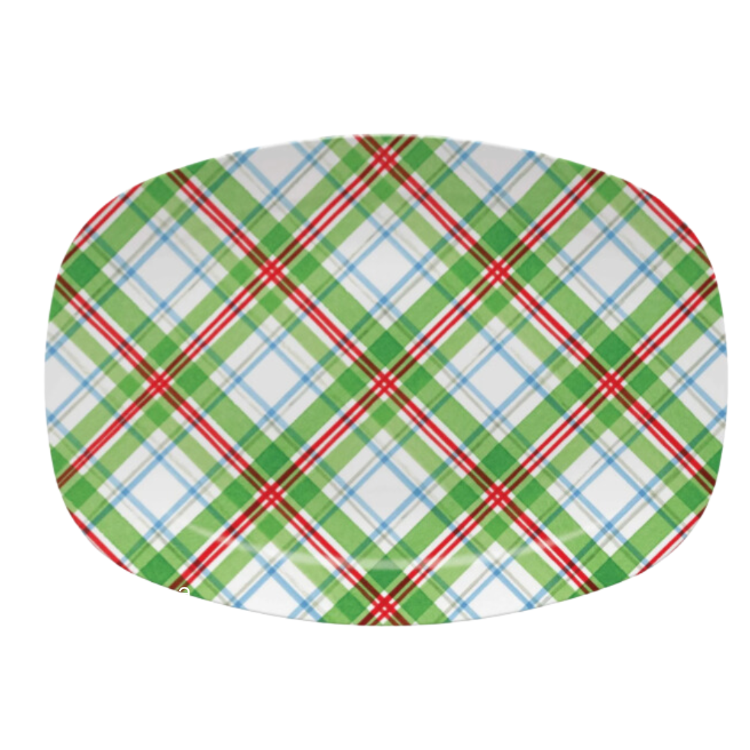 A round, Christmas-themed tartan plaid platter with red and green checkered design on a white background.