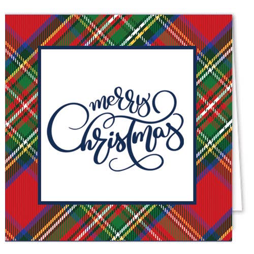 Greeting card with 'Merry Christmas' text on a plaid background