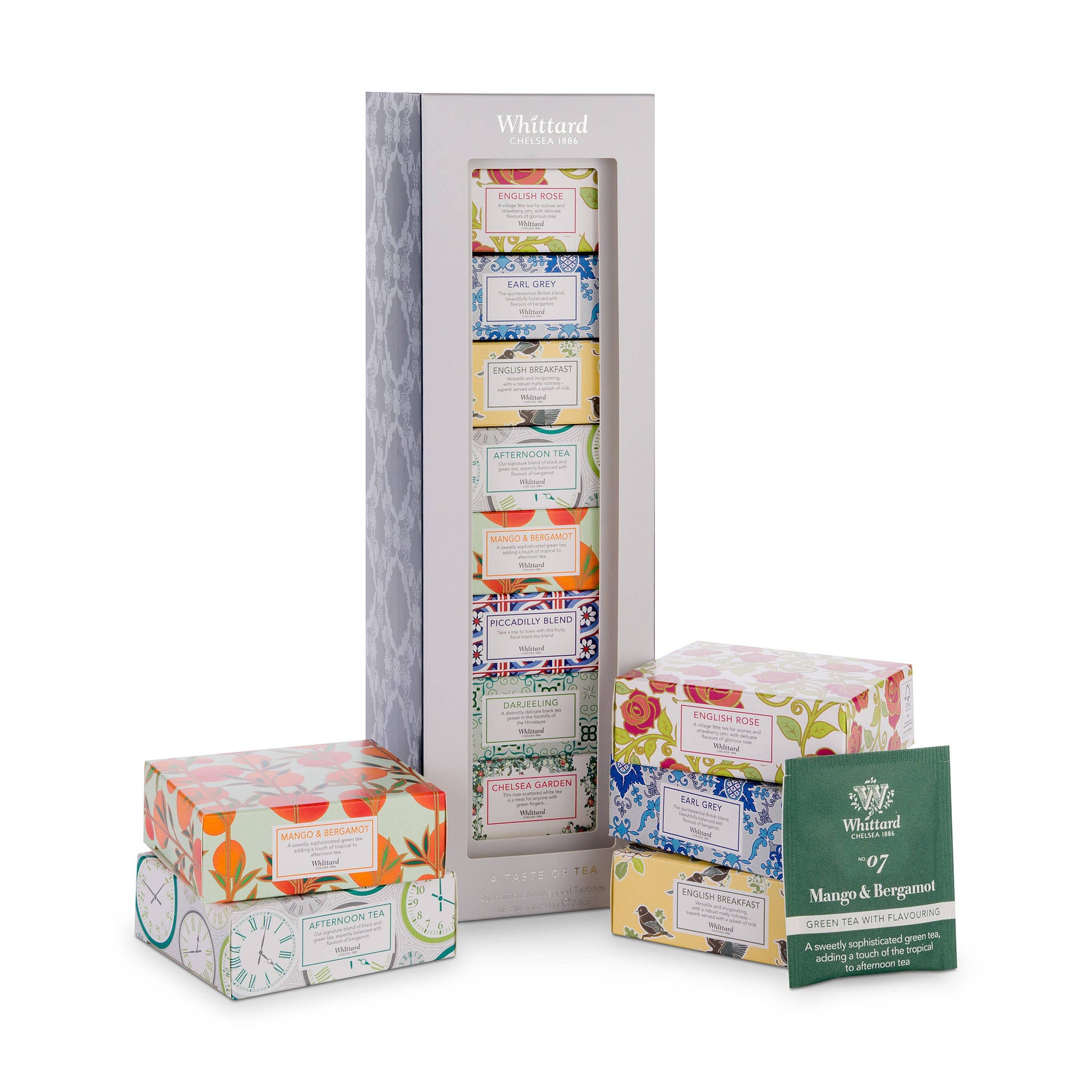 Collection of Whitfield tea boxes with colorful packaging on a white background