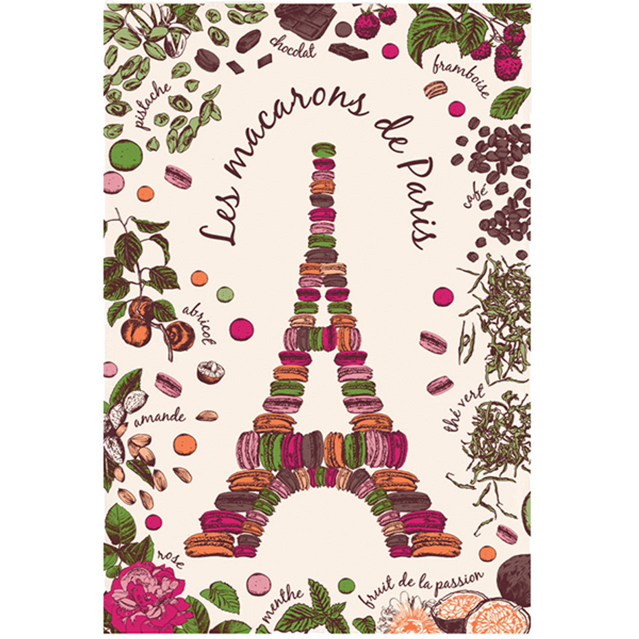 Design of the Eiffel Tower made from colorful macarons with various macaron ingredients around it on a white background.