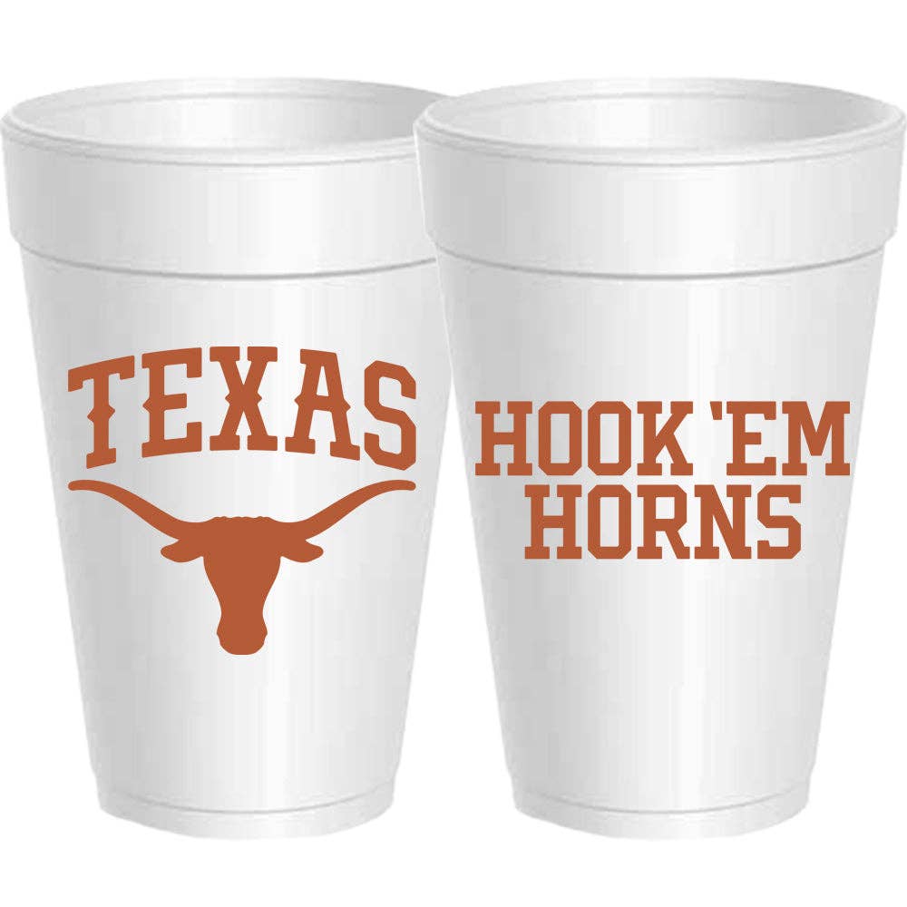 Two white styrofoam cups with 'Texas' and 'Hook 'Em Horns' text on a white background