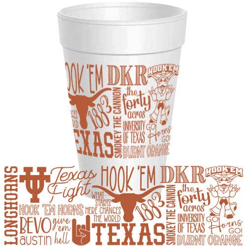 White styrofoam cup with Texas-themed designs and text on a white background