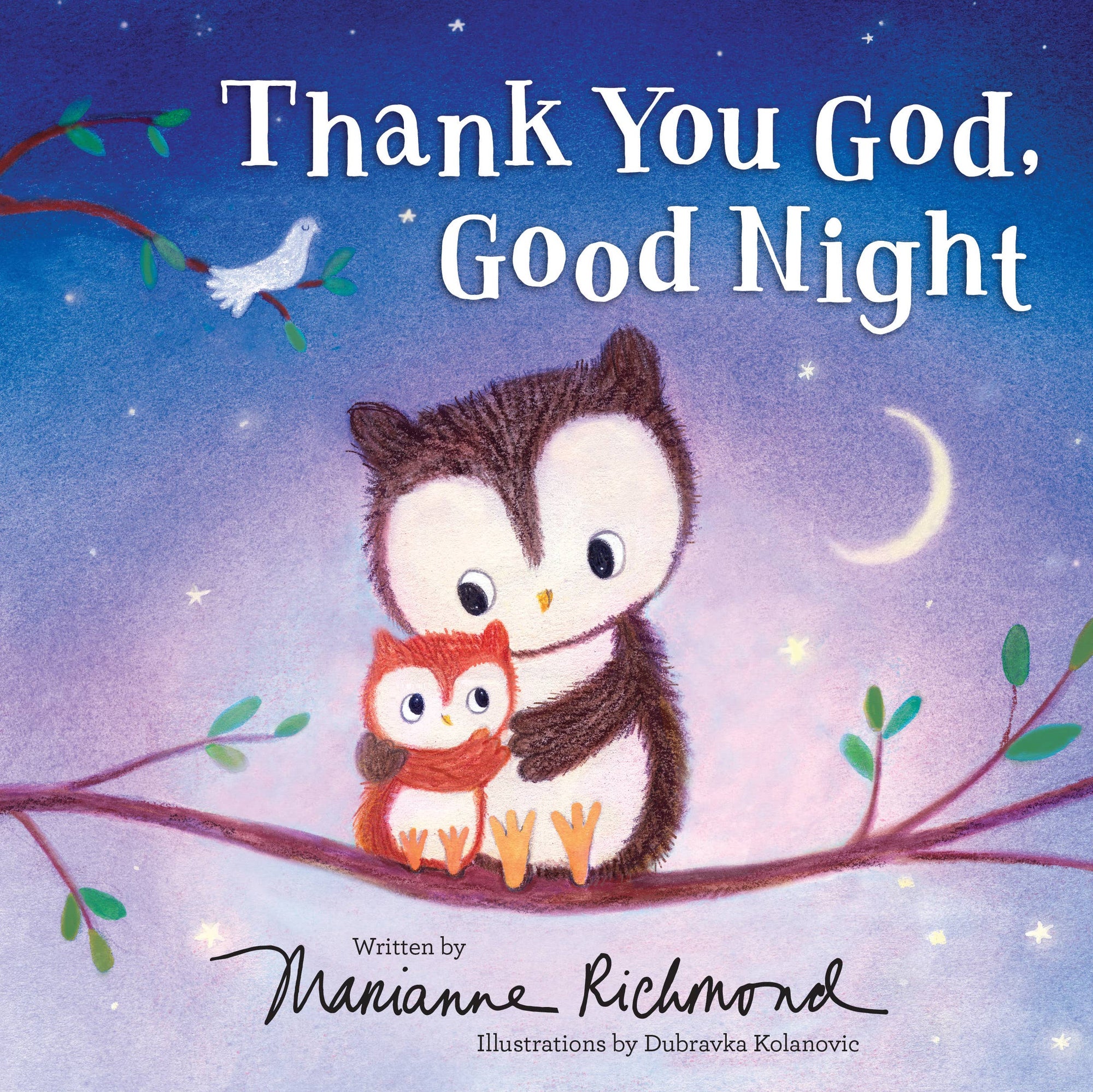 Book cover of 'Thank You God, Good Night' with two owls on a branch against a night sky.
