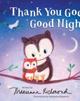 Book cover of 'Thank You God, Good Night' with two owls on a branch against a night sky.