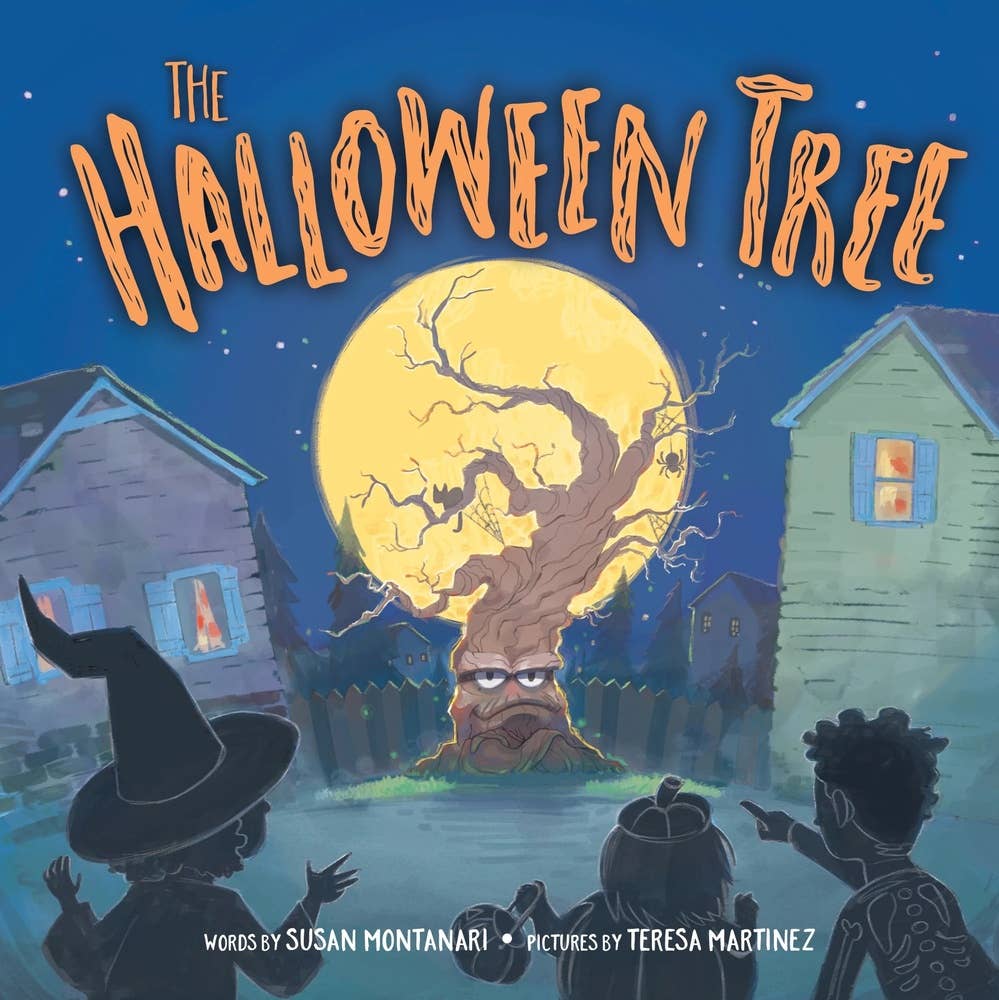 Illustrated children's book cover for "The Halloween Tree" showing a spooky tree with a face in a neighborhood at night, with silhouettes of children and a witch hat in the foreground.