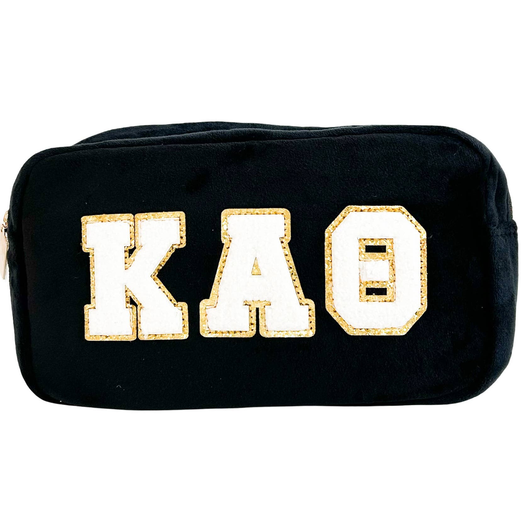 Black pouch with Kappa Alpha Theta in gold letters on a white background