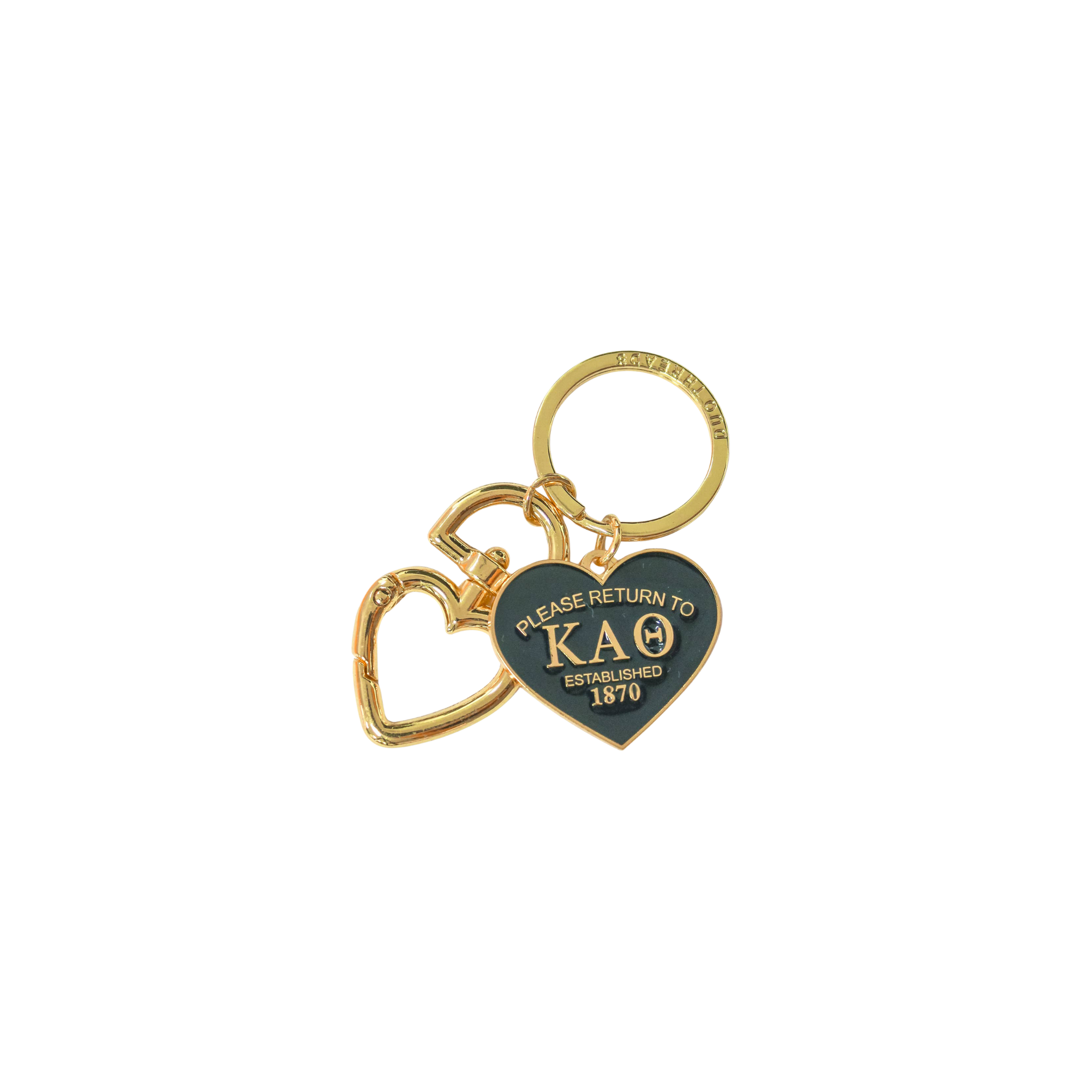 Gold and black keychain with 'Please Return to Kappa Alpha Theta' text on a white background