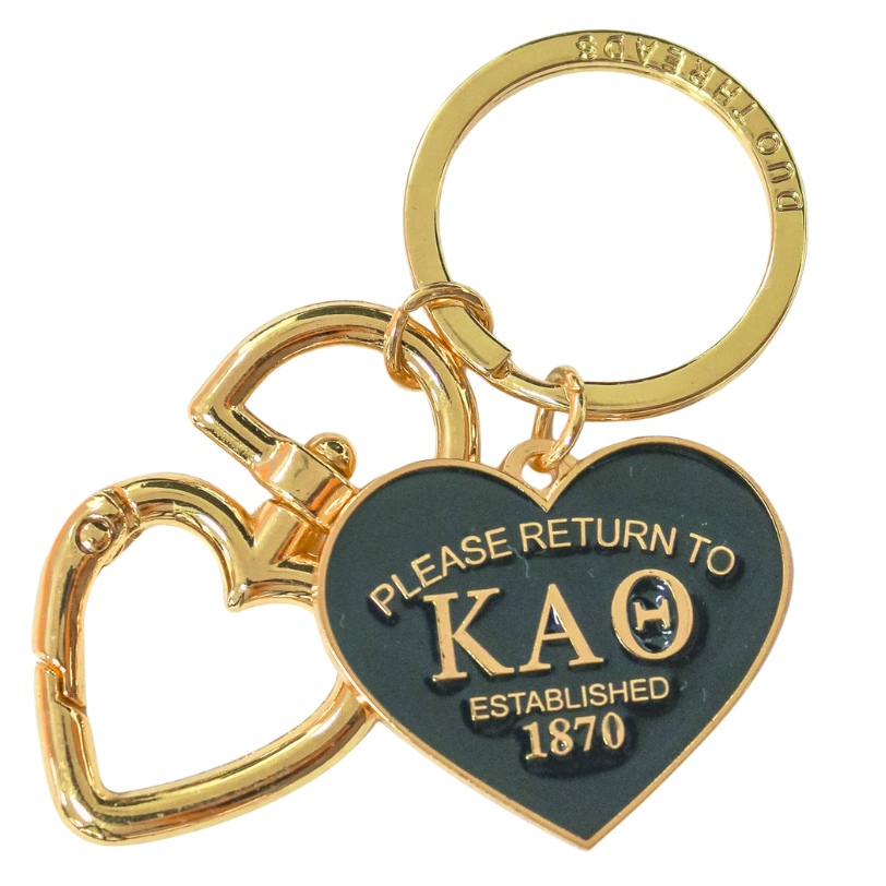 Gold and black keychain with 'Please Return to Kappa Alpha Theta' text on a white background