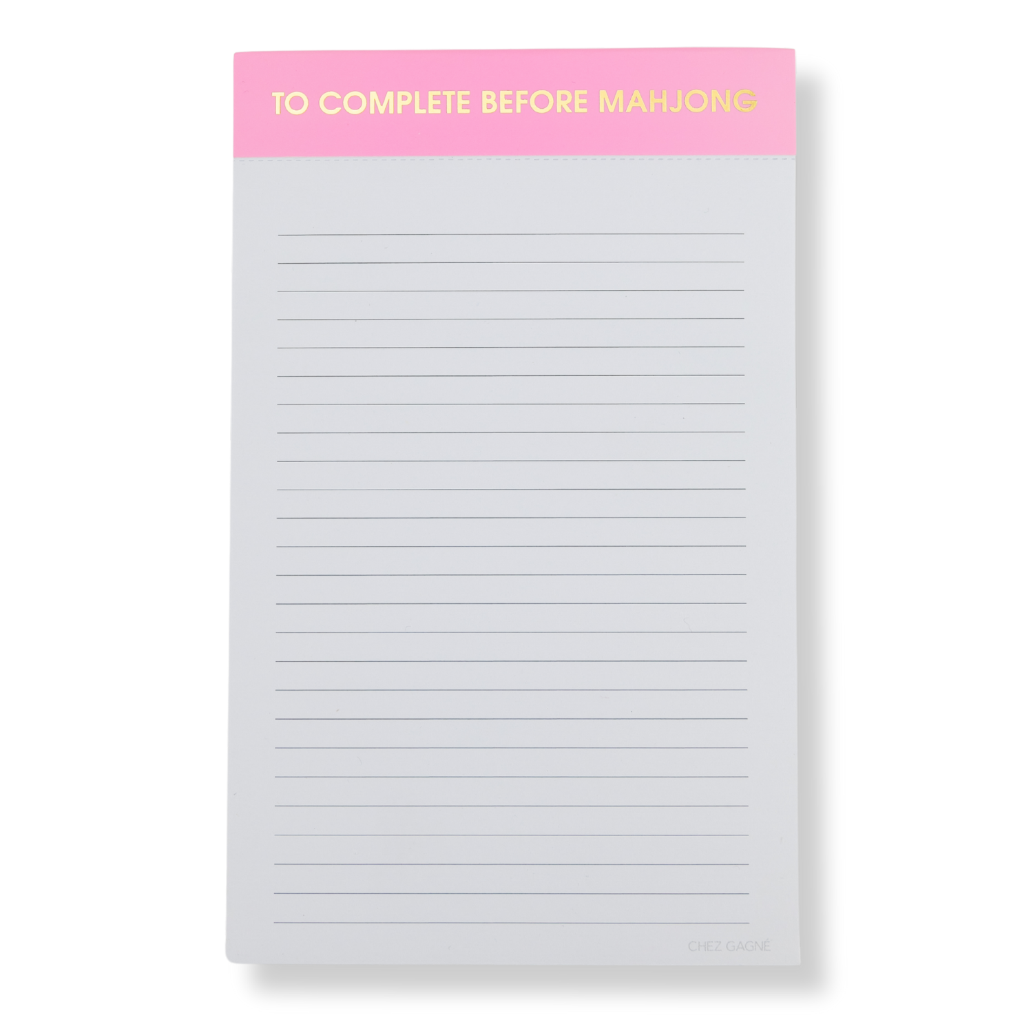 Notepad with pink top section and text 'To Complete Before Mahjong' on a white background