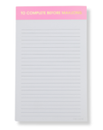 Notepad with pink top section and text 'To Complete Before Mahjong' on a white background