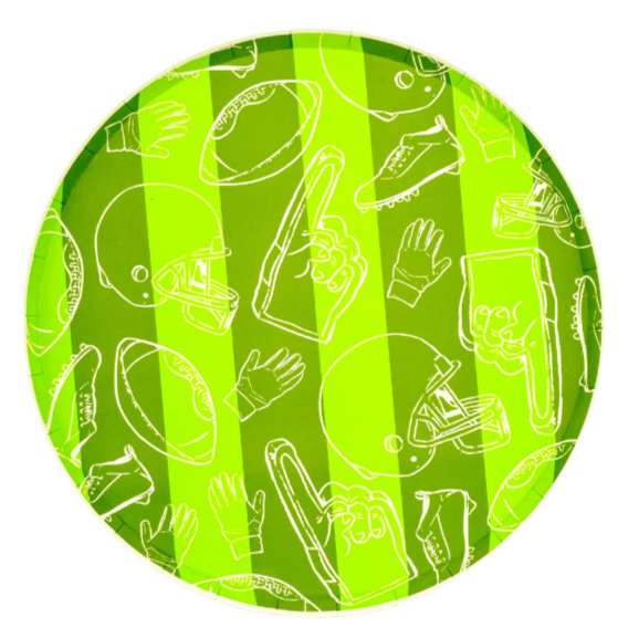 Circular green patch with football white line art pattern on a white background