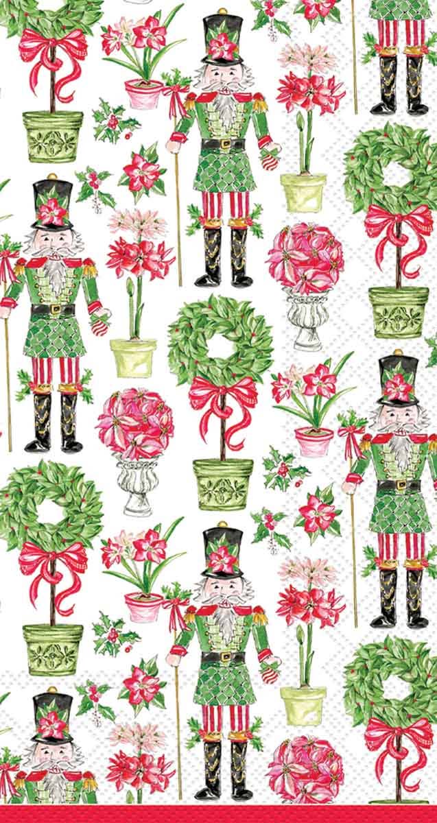 A repeating holiday-themed pattern featuring nutcrackers in green and red uniforms, green wreaths, pink flowers, and potted plants on a white background.