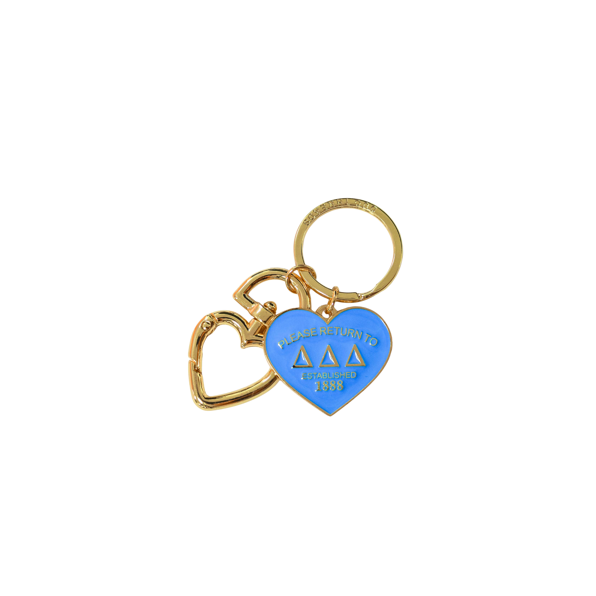 Gold and blue keychain with heart design on a white background