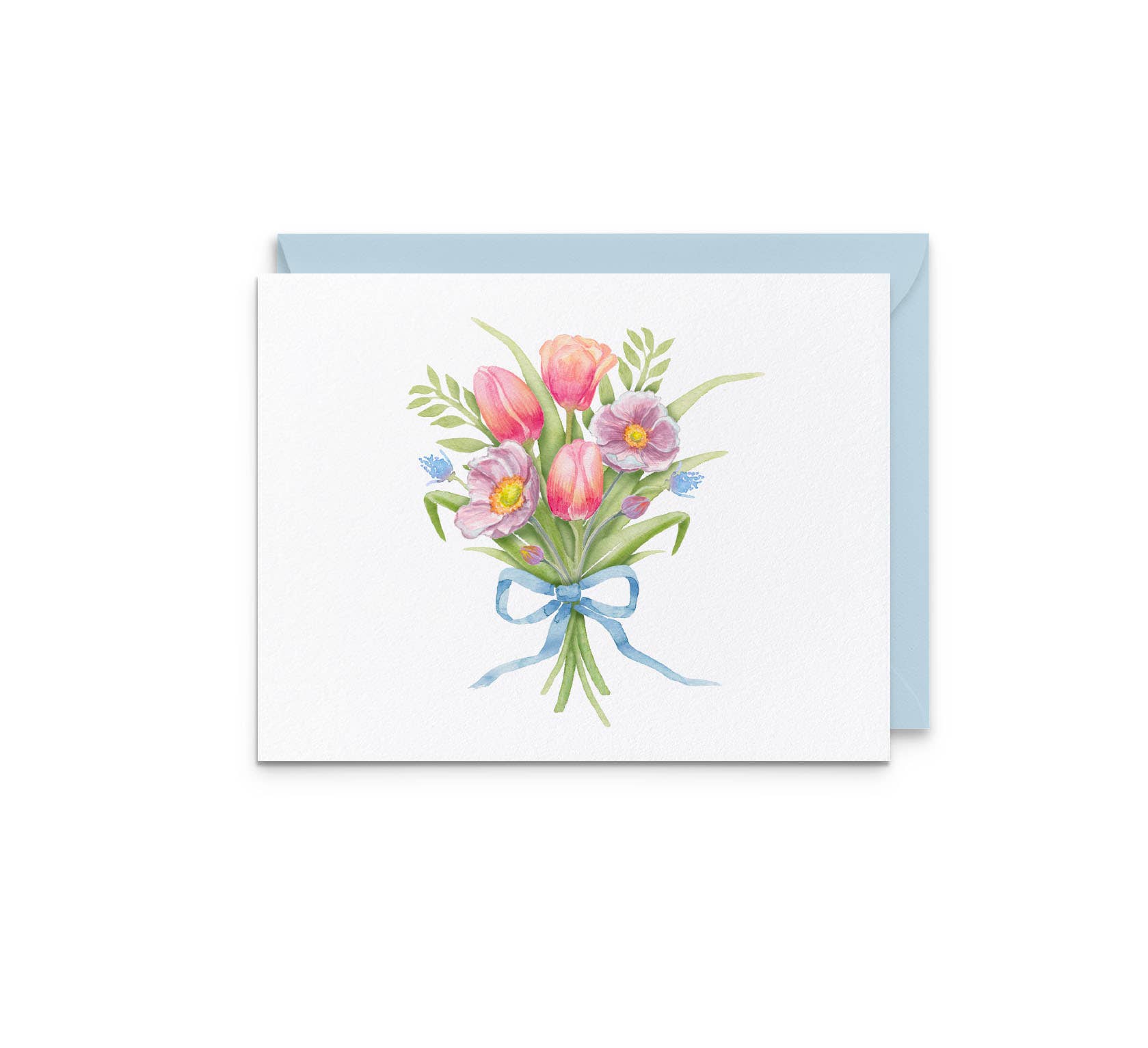 A square white greeting card with a watercolor bouquet of pink tulips, purple flowers, green leaves, and a blue ribbon, shown with a light blue envelope behind it on a white background.