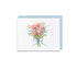 A square white greeting card with a watercolor bouquet of pink tulips, purple flowers, green leaves, and a blue ribbon, shown with a light blue envelope behind it on a white background.