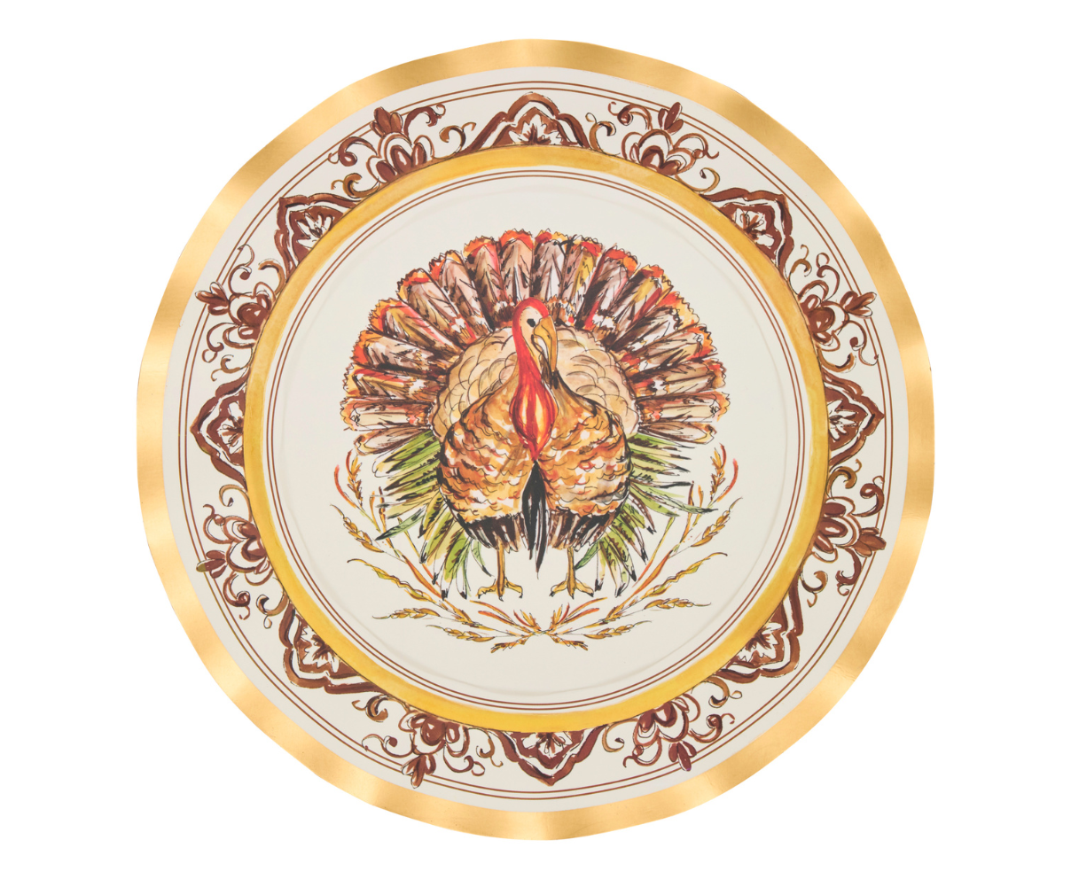 Decorative plate with a turkey design on a white background