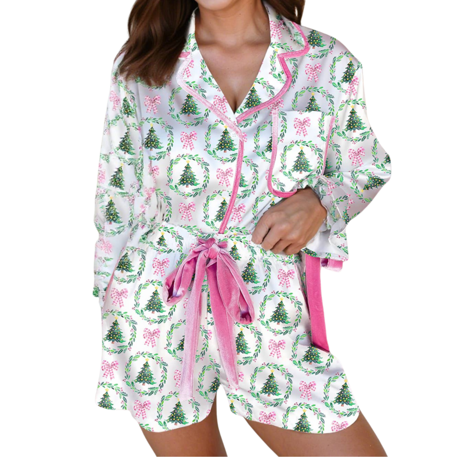 Christmas Fashion Print Velvet Trim Bow Knot Short Set: White