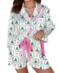 Christmas Fashion Print Velvet Trim Bow Knot Short Set: White