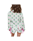 Christmas Fashion Print Velvet Trim Bow Knot Short Set: White