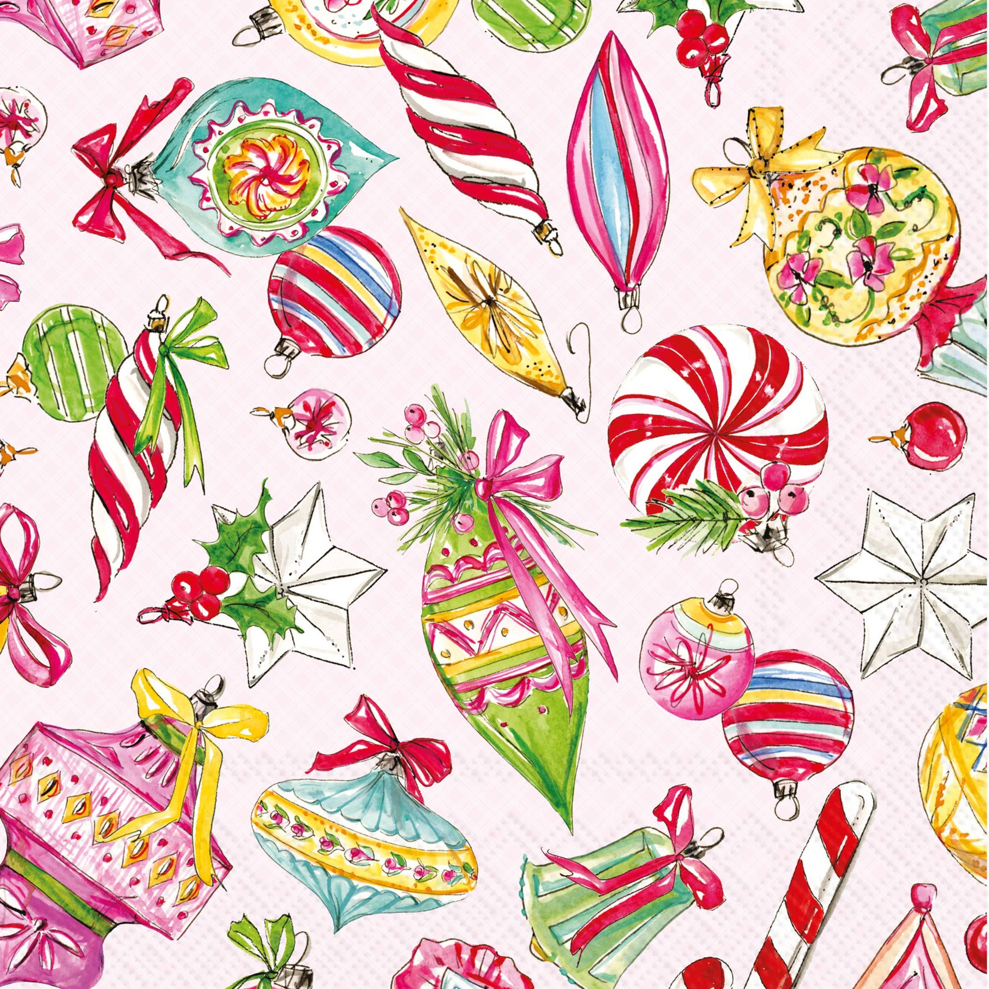 Colorful Christmas ornament pattern on a pink background napkin