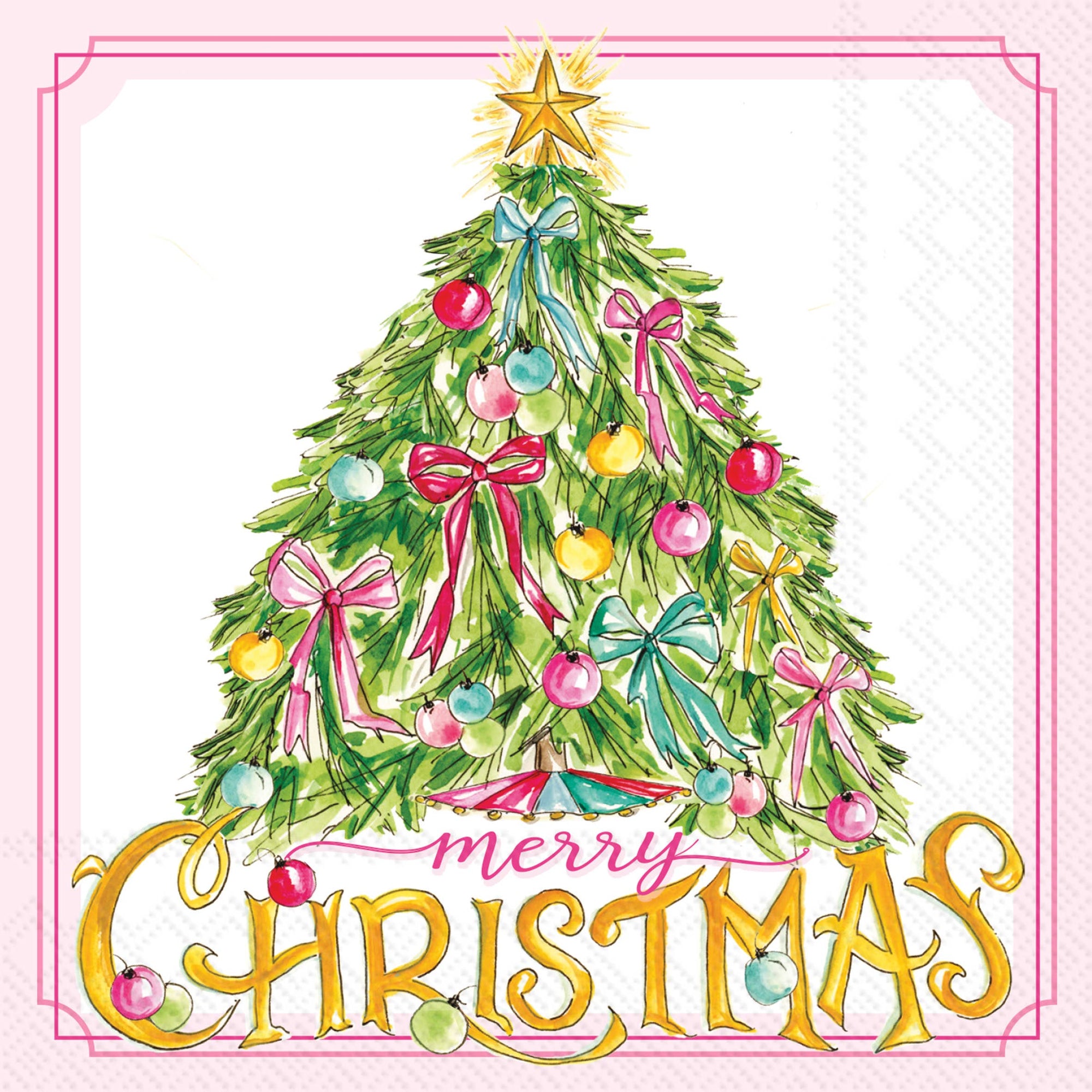 A festive watercolor-style Christmas tree illustration with colorful ornaments, bows, a gold star topper, and large gold 'merry CHRISTMAS' lettering on a white background with a pink border.
