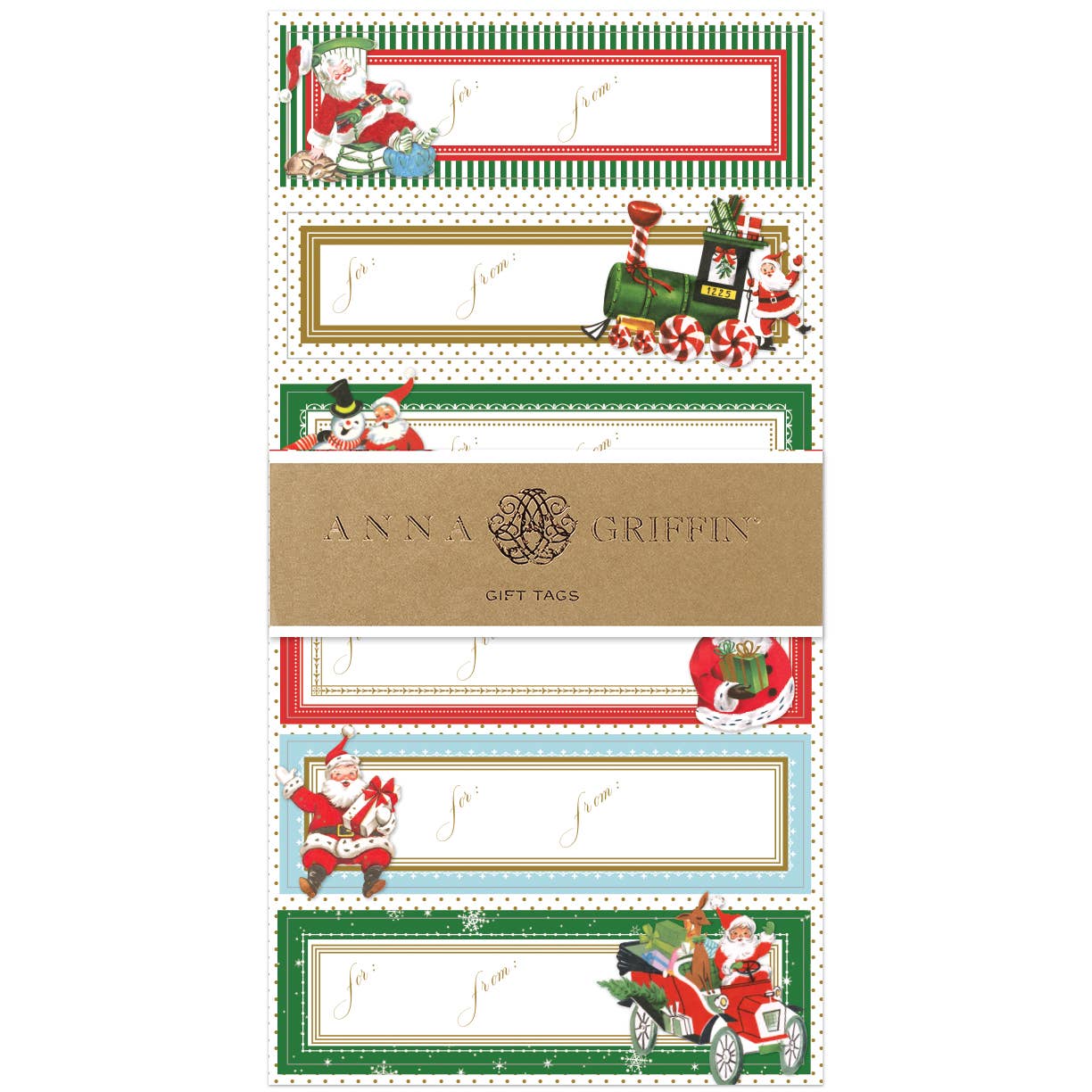 Collection of Christmas-themed gift tags with Santa Claus designs on a white background.
