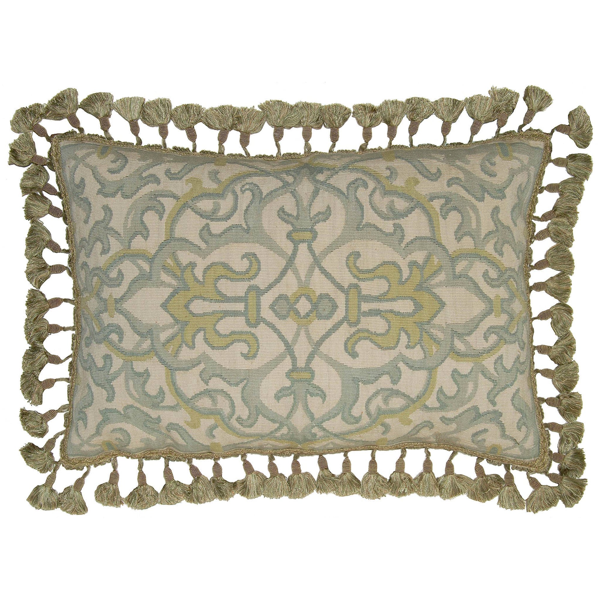 A square decorative throw pillow with a beige and sage green damask pattern and olive green tassels around the border, shown against a plain white background.