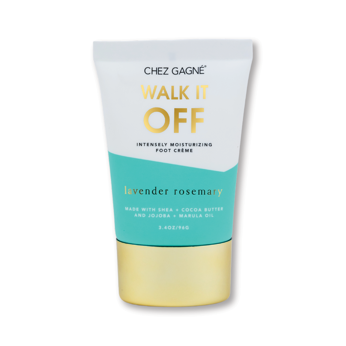 Tube of Chez Gagne 'Walk It Off' foot cream with lavender rosemary scent on a white background
