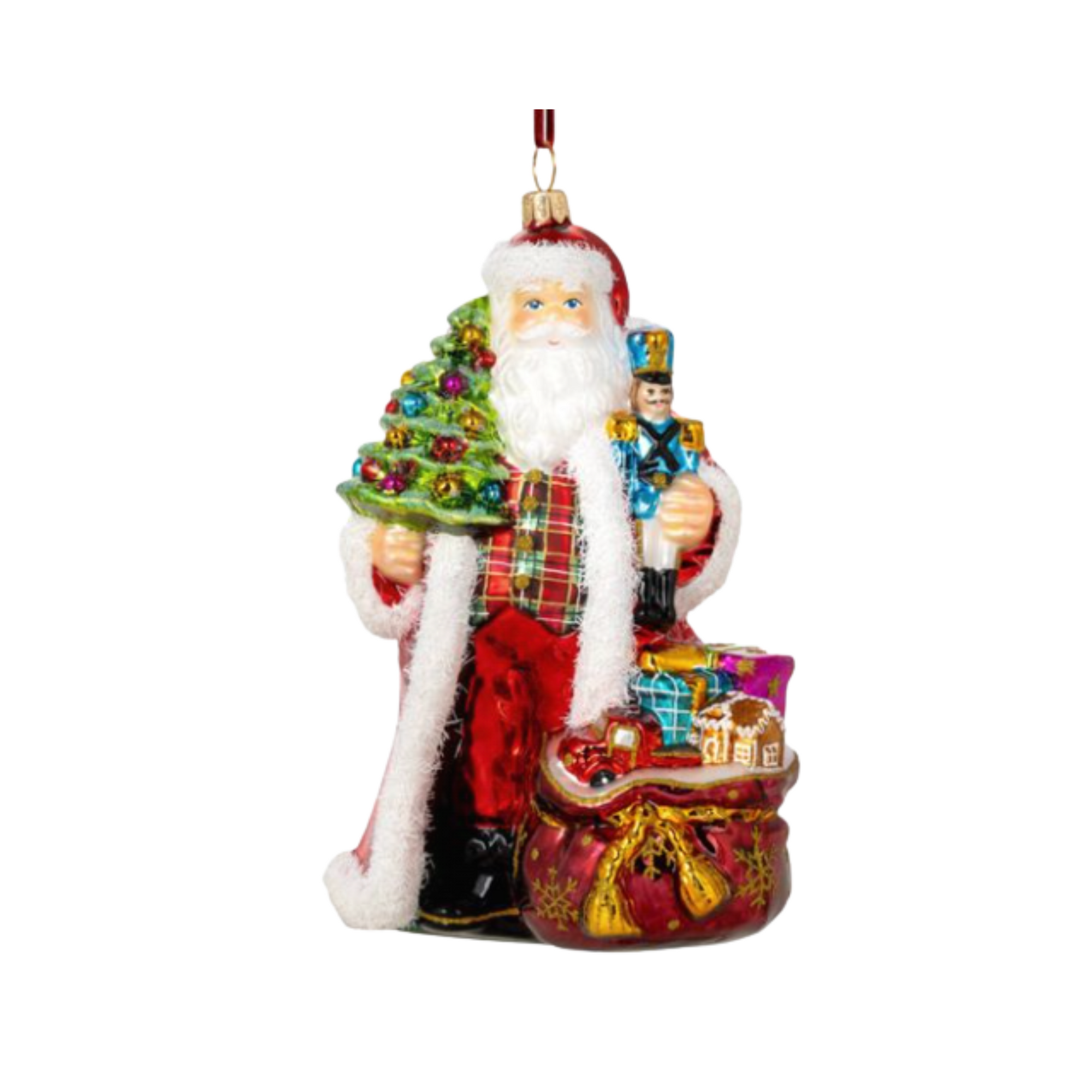 Decorative Christmas ornament of a Santa Claus figure with a tree and gifts on a white background