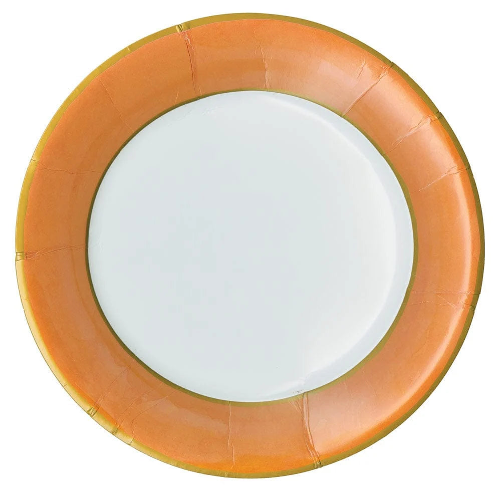 A round paper plate with a wide orange rim and a white center, photographed from directly above on a plain white background.