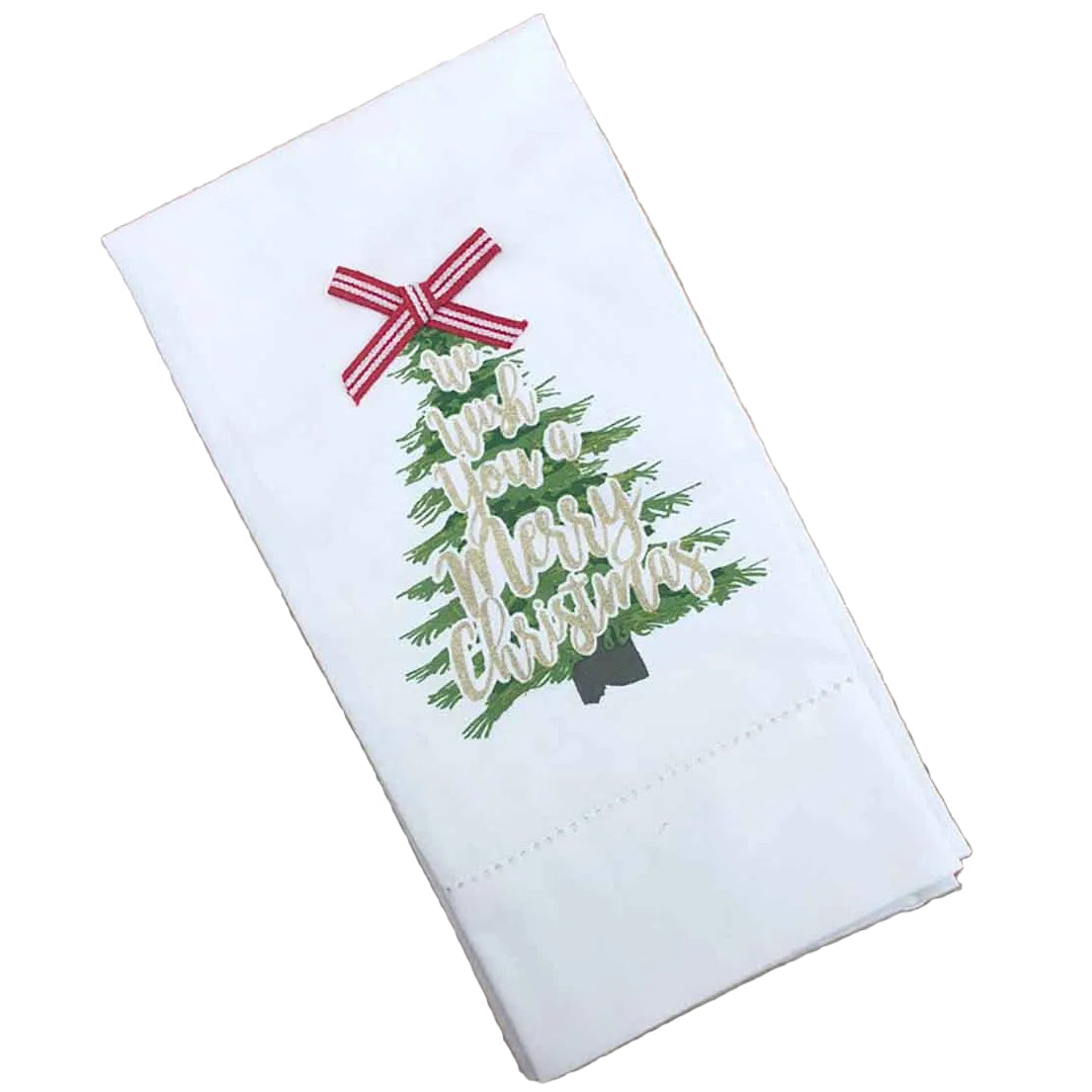 A white kitchen towel with a 'Merry Merry Christmas' tree design, displayed diagonally on white background.