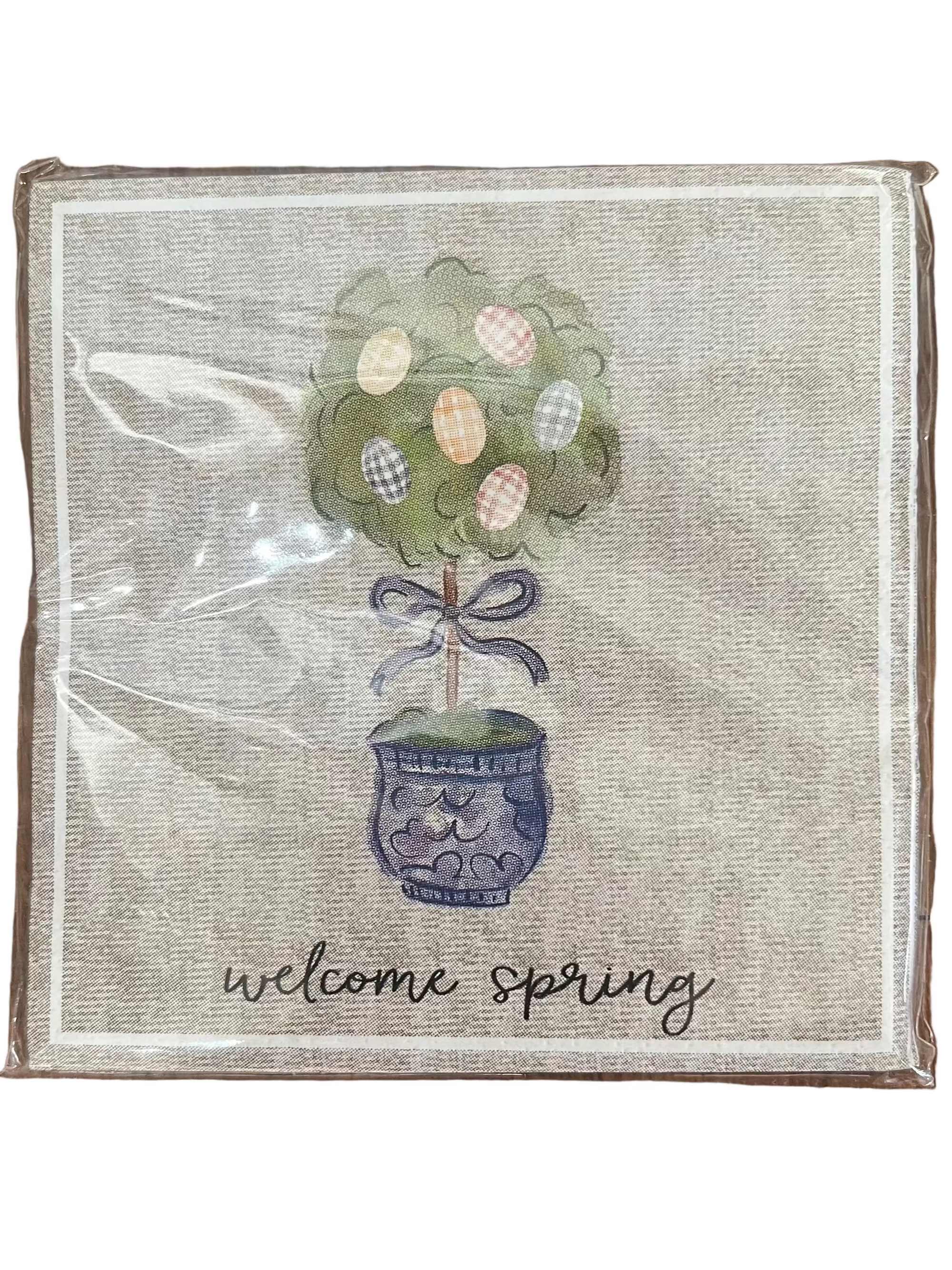 Welcome Spring cocktail napkins with a boxwood tree