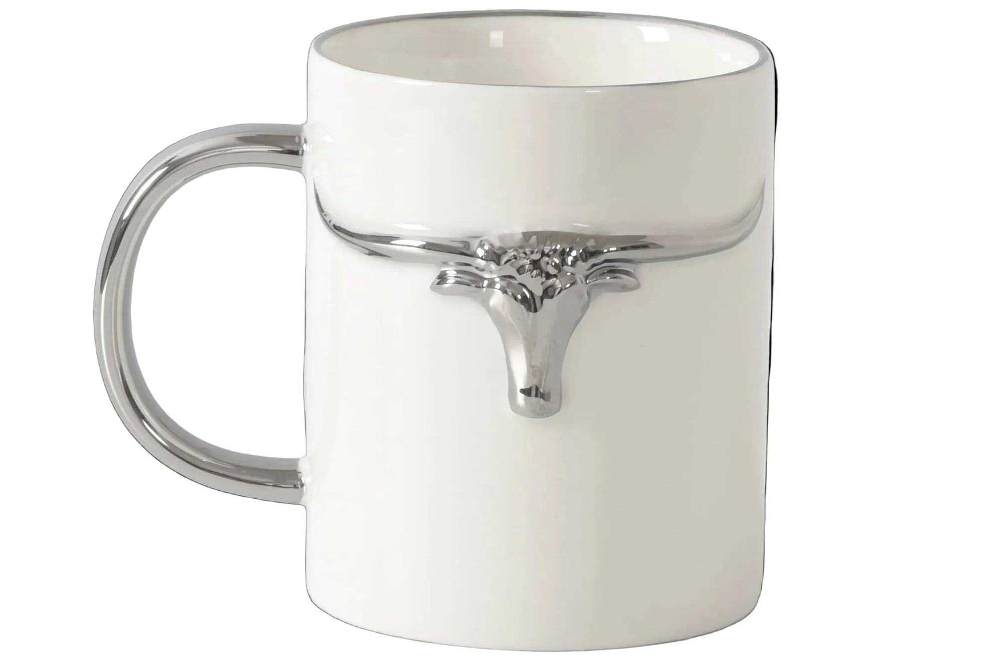 White ceramic mug with silver handle and decorative element on a light gray background