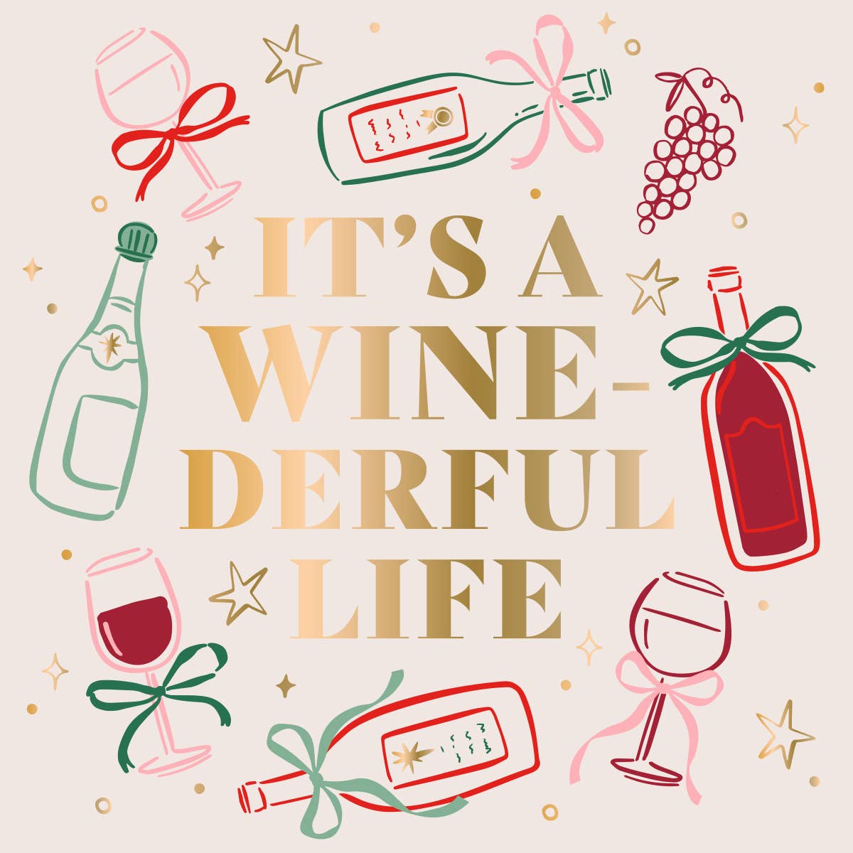 Decorative design napkin with wine bottles, glasses, and grapes on a light background with text 'It's a wine-derful life'.