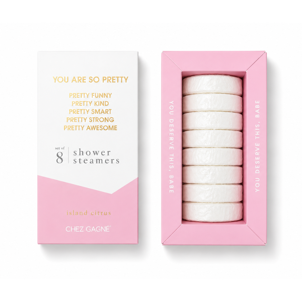 You Are So Pretty - Shower Steamers, Island CitrusChez Gagné set of 8 shower steamers in a pink box, on a white background.