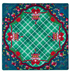 A Mahjong mat featuring a festive Christmas design with a green plaid center, red bows, poinsettias, and ornate holiday ornaments, surrounded by a dark blue floral border.