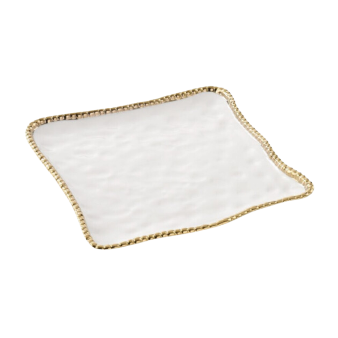 White and Gold Beaded Square Serving Platter