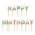 Set of colorful 'Happy Birthday' candles on sticks with a white background