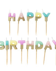 Set of colorful 'Happy Birthday' candles on sticks with a white background
