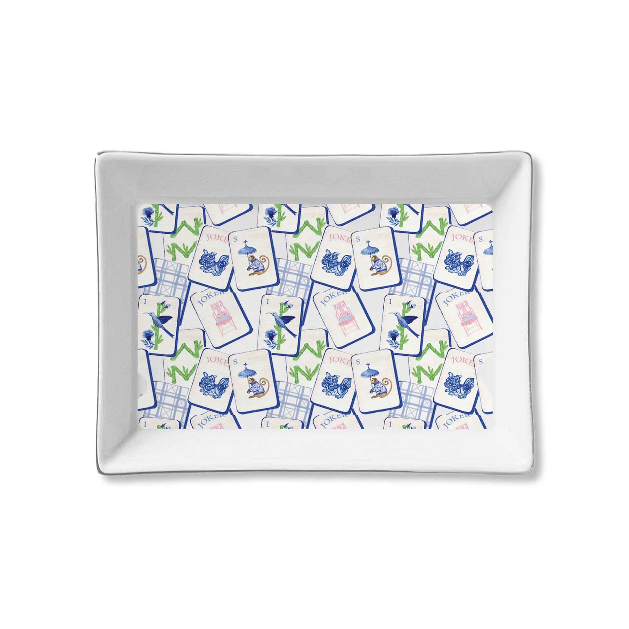 Rectangular tray with a pattern of blue mahjong designs on a white background