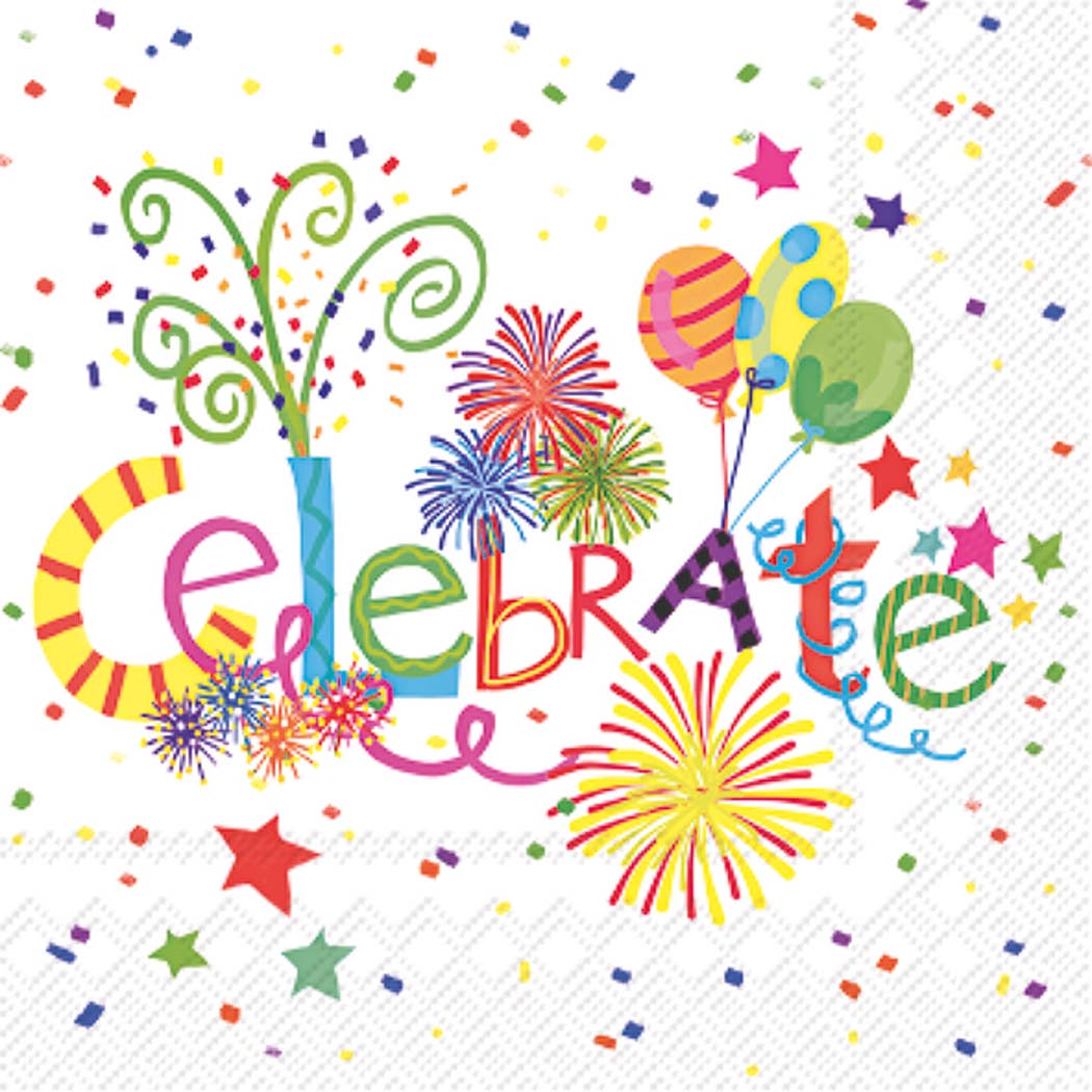 Party napkin with colorful 'Celebrate' text, balloons, and fireworks design on a white background.