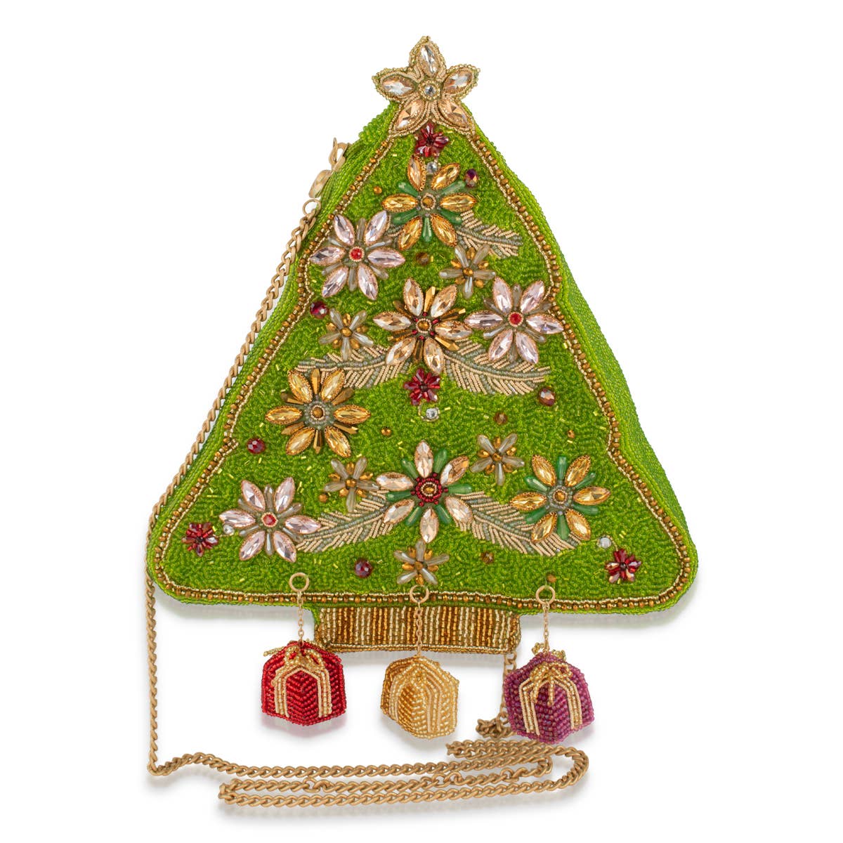 Decorative green tree-shaped purse with floral patterns and small boxes on a white background